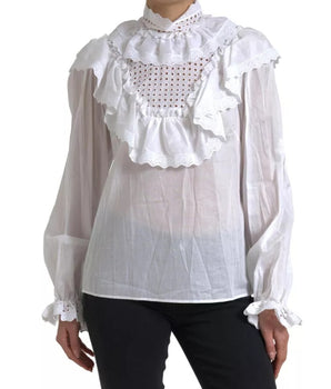 Blusa de cuello alto con ribete de encaje de algodón blanco de Dolce &amp; Gabbana