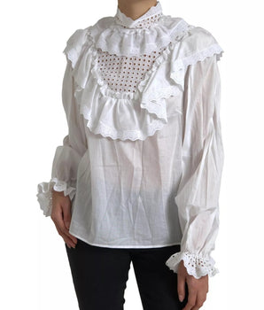 Blusa de cuello alto con ribete de encaje de algodón blanco de Dolce &amp; Gabbana