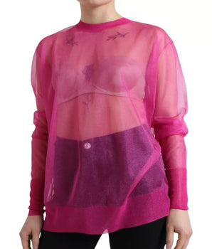 Dolce & Gabbana Pink Sheer Long Sleeves Crewneck Top Blouse