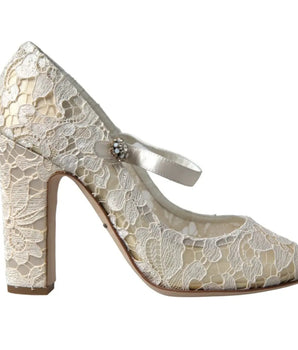 Dolce &amp; Gabbana White Lace Crystals Heels Sandals Shoes