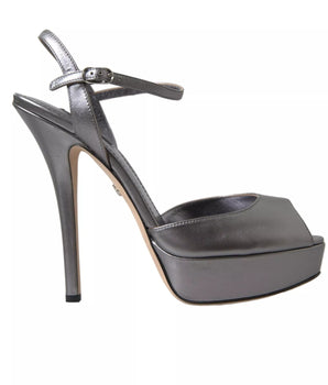 Dolce &amp; Gabbana Silver Leather Platform Heels Sandals Shoes
