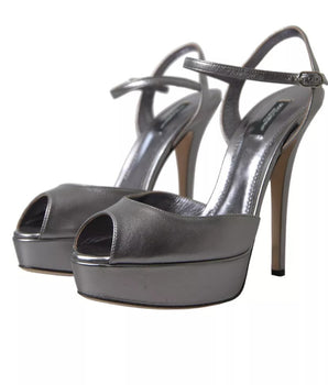 Dolce &amp; Gabbana Silver Leather Platform Heels Sandals Shoes