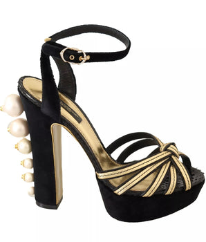 Dolce &amp; Gabbana Black Gold Bianca Faux Pearl Sandals