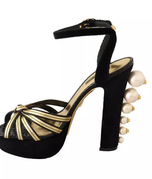 Dolce &amp; Gabbana Black Gold Bianca Faux Pearl Sandals