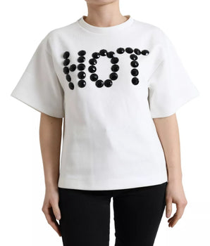 Dolce &amp; Gabbana White Cotton Stretch Black HOT Crystal T-shirt