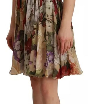 Dolce &amp; Gabbana Minivestido floral beige sin mangas con cuello redondo