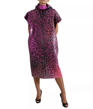 Vestido midi recto de poliéster con estampado de leopardo rosa de Dolce &amp; Gabbana