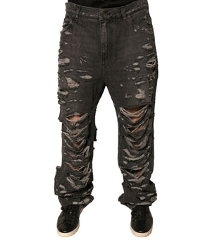 Dolce &amp; Gabbana Gray Tattered Cotton Straight Men Denim Jeans