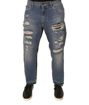 Dolce &amp; Gabbana Blue Tattered Straight Cropped Denim Jeans
