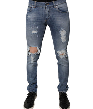 Vaqueros ajustados de mezclilla elástica de algodón azul desgastado de Dolce &amp; Gabbana