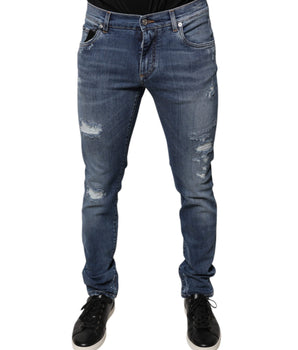 Vaqueros ajustados de mezclilla elástica de algodón azul desgastado de Dolce &amp; Gabbana