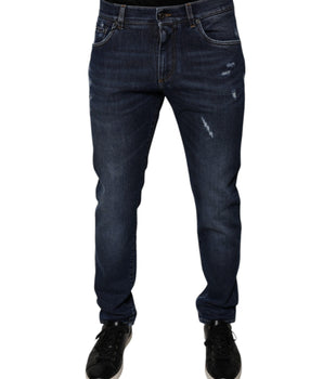 Dolce & Gabbana Dark Blue Cotton Logo Skinny Denim Jeans