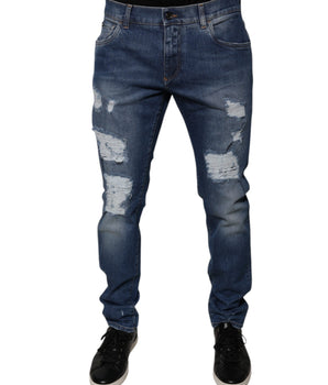 Vaqueros ajustados de mezclilla desgastados de algodón azul de Dolce &amp; Gabbana
