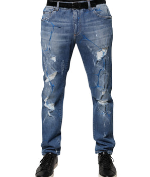 Vaqueros ajustados de mezclilla desgastados y elásticos de algodón azul de Dolce &amp; Gabbana