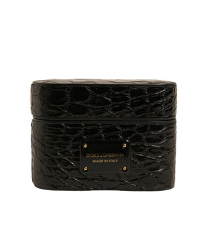 Dolce & Gabbana Black Leather Metal Logo Plaque Holder Airpods Case
