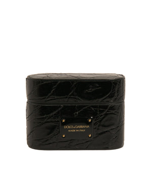 Dolce & Gabbana Black Leather Metal Logo Plaque Holder Airpods Case