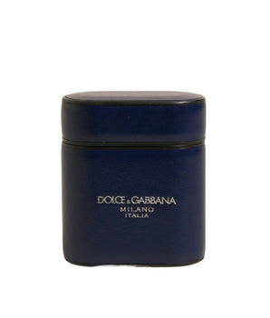 Dolce & Gabbana Blue Leather Logo Print Flip Holder Airpods Case