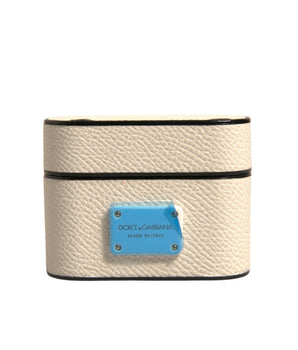 Dolce &amp; Gabbana White Leather Metal Logo Plaque Holder Airpods Case