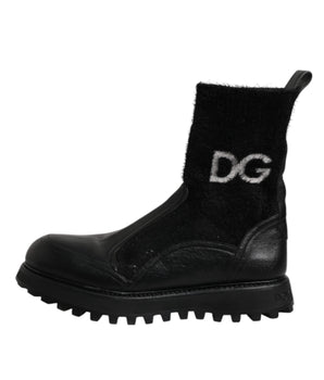 Dolce &amp; Gabbana Black DG Logo Horse Sock Ankle Boots Shoes