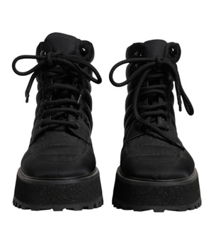 Dolce &amp; Gabbana Black Padded Mid Calf Lace Up Boots Shoes