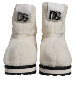 Dolce &amp; Gabbana White Plush Logo Padded Mid Calf Boots Shoes