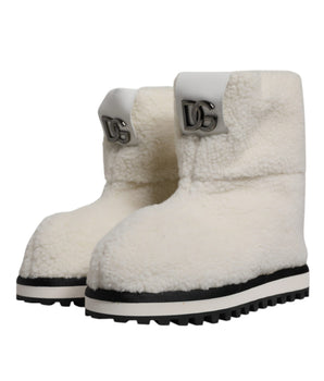 Dolce &amp; Gabbana White Plush Logo Padded Mid Calf Boots Shoes