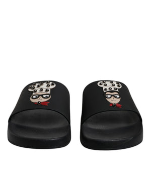 Dolce &amp; Gabbana Black Leather Slides Sandals Beachwear Shoes