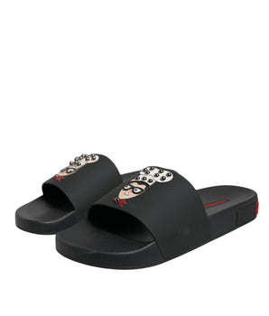 Dolce &amp; Gabbana Black Leather Slides Sandals Beachwear Shoes