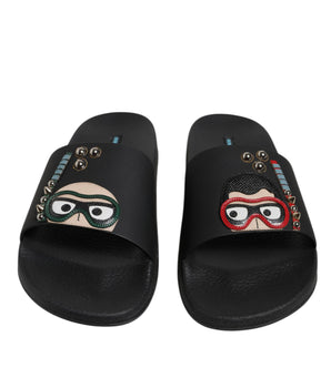 Dolce &amp; Gabbana Black Divers Leather Flats Slides Sandals Beachwear Shoes