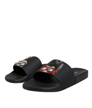 Dolce &amp; Gabbana Black Divers Leather Flats Slides Sandals Beachwear Shoes