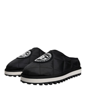 Dolce &amp; Gabbana Black Nylon Quilted Logo Patch Sandals Slides Shoes