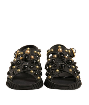 Dolce &amp; Gabbana Black Leather Studded Slides Sandals Shoes