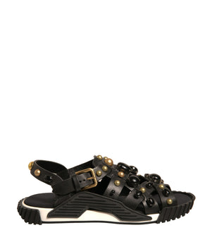 Dolce &amp; Gabbana Black Leather Studded Slides Sandals Shoes