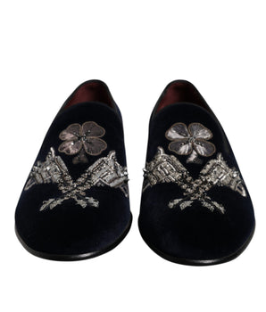 Dolce &amp; Gabbana Black Velvet Floral Gun Loafers Dress Shoes