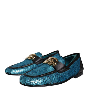 Dolce &amp; Gabbana Blue Sequined Loafers Formal Dress Shoes