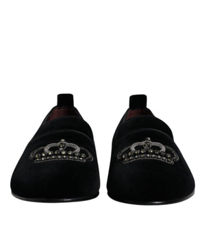 Dolce &amp; Gabbana Black Velvet Crystal Crown Loafers Formal Dress Shoes