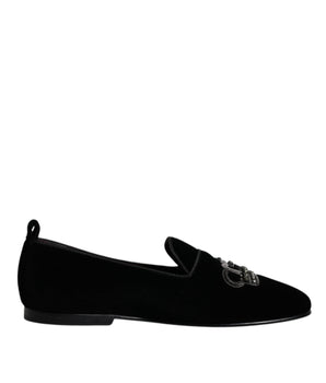 Dolce &amp; Gabbana Black Velvet Crystal Crown Loafers Formal Dress Shoes