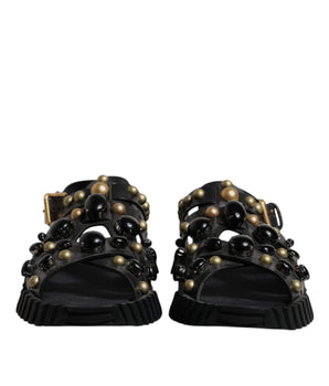 Dolce &amp; Gabbana Black Leather Studded Slides Sandals Shoes