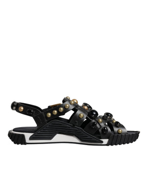 Dolce &amp; Gabbana Black Leather Studded Slides Sandals Shoes