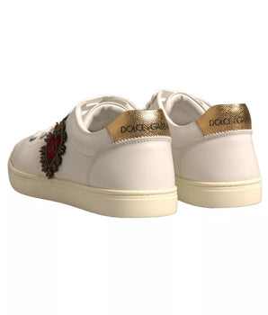Dolce &amp; Gabbana White Leather Heart Embellished Sneakers Shoes