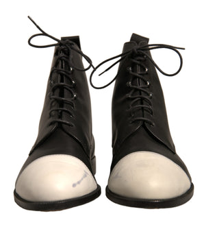 Sergio Rossi Black White Leather Lace Up Flats Ankle Boots Shoes