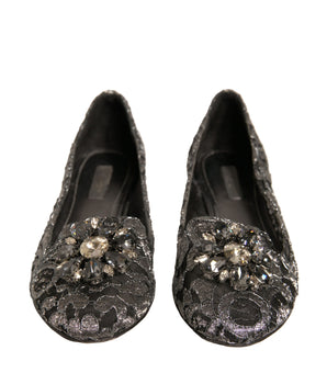 Dolce & Gabbana Silver Crystal Loafer Lace Ballet Flats Shoes