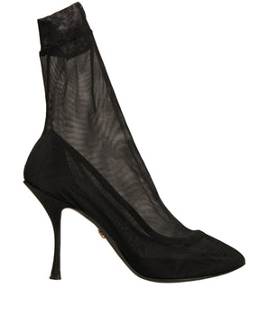 Botas y zapatos de tacón estilo calcetín de malla de seda negra de Dolce &amp; Gabbana