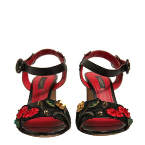 Dolce & Gabbana Black Embossed Carnation Heeled Sandals Shoes