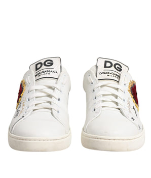 Dolce &amp; Gabbana White Leather Heart Embellished Sneakers Shoes