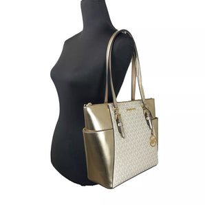 Michael Kors Charlotte Large Leather Top Zip Tote Bag Purse Gold