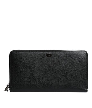 Dolce &amp; Gabbana Black Calfskin Leather Logo Zip Around Continental Wallet