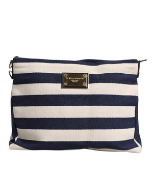 Dolce &amp; Gabbana Blue White Stripes Logo Plaque Tote Bag