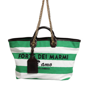 Dolce & Gabbana White Green Stripes Canvas Gold Chain Tote Bag