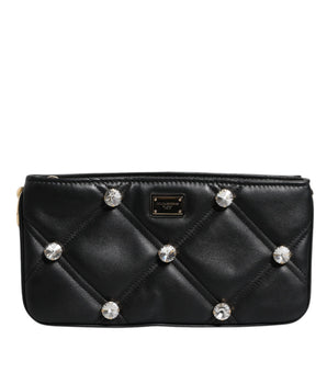 Dolce &amp; Gabbana Black Leather Crystal Embellished Logo Shoulder Bag